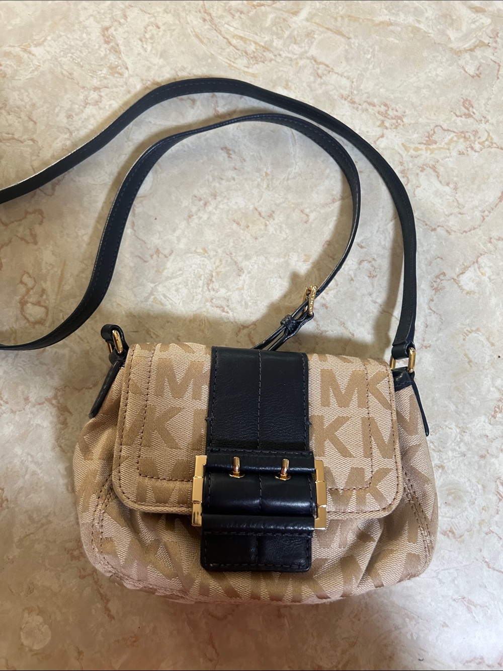 MICHAEL Michael Kors Beige Monogram Crossbody with Black Leather Strap